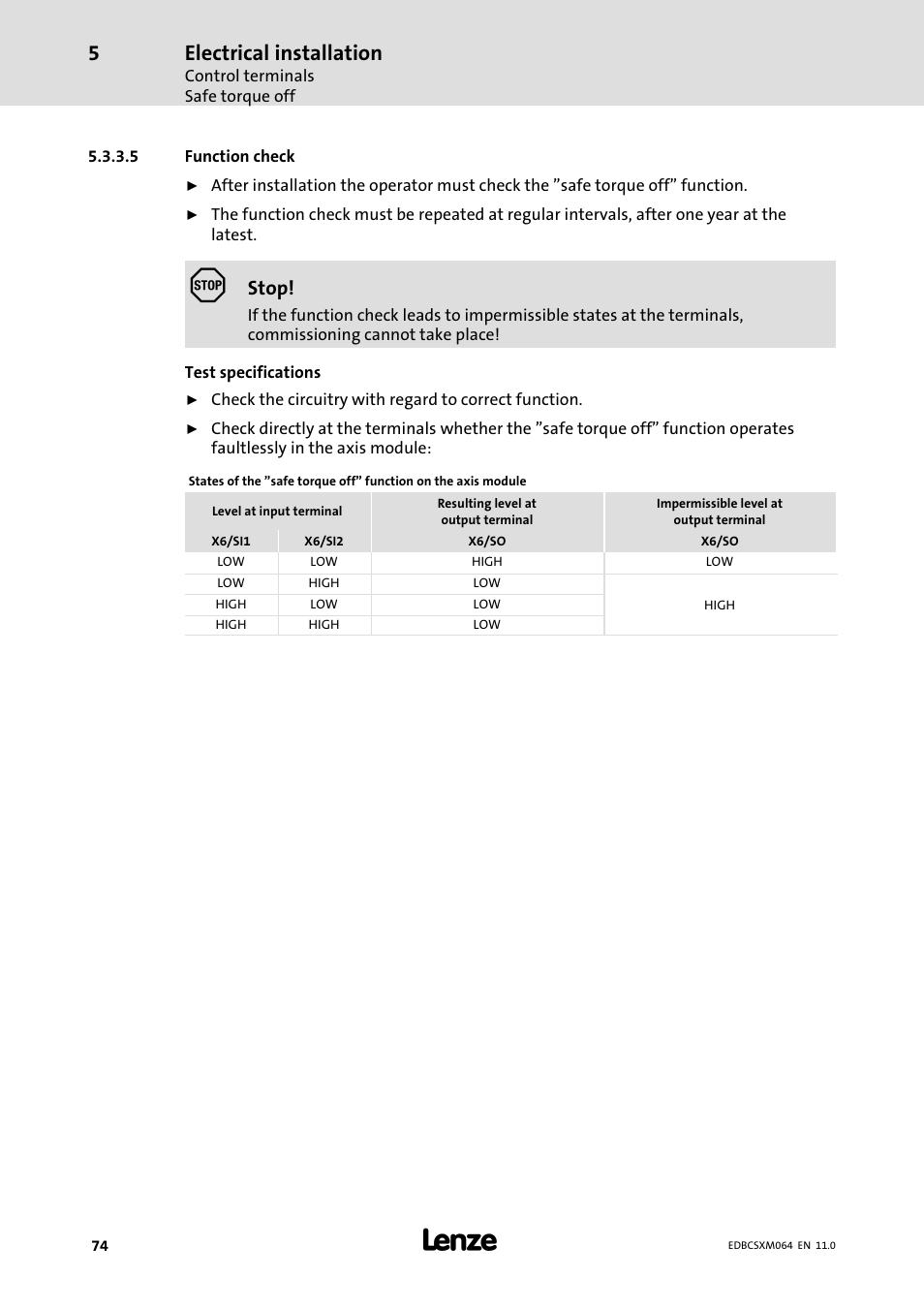 Electrical installation, Stop | Lenze ECSCMxxx User Manual | Page 74 / 375