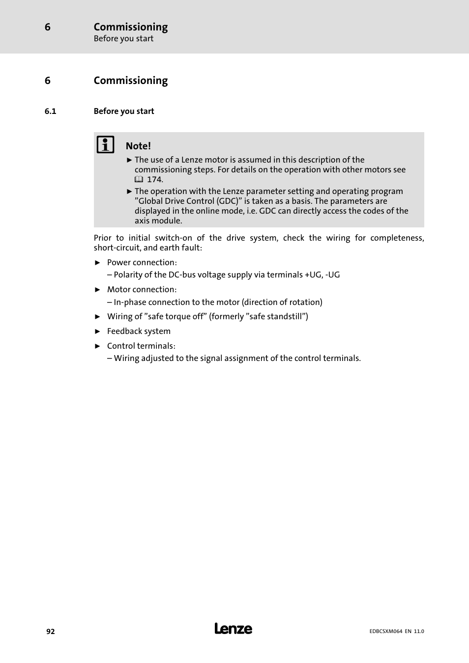 6 commissioning, 1 before you start, Commissioning | Before you start | Lenze ECSCMxxx User Manual | Page 92 / 375