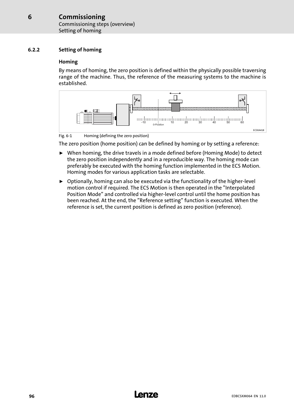 2 setting of homing, Setting of homing, Commissioning | Lenze ECSCMxxx User Manual | Page 96 / 375