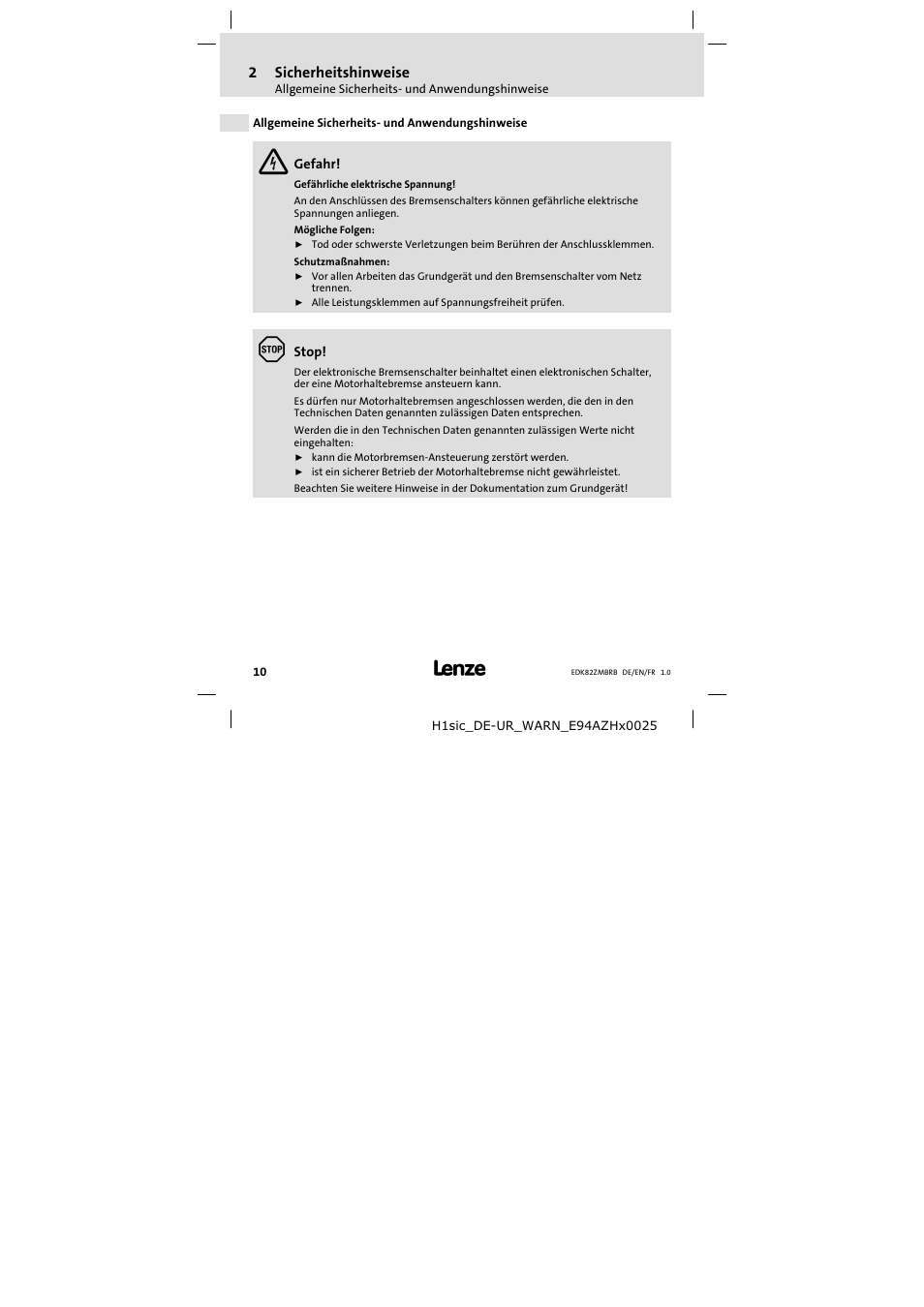 2 sicherheitshinweise, Allgemeine sicherheits- und anwendungshinweise, Sicherheitshinweise | Allgemeine sicherheits− und anwendungshinweise, 2sicherheitshinweise | Lenze E82ZMBRB User Manual | Page 10 / 58