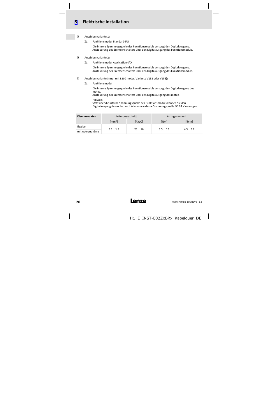 5elektrische installation | Lenze E82ZMBRB User Manual | Page 20 / 58