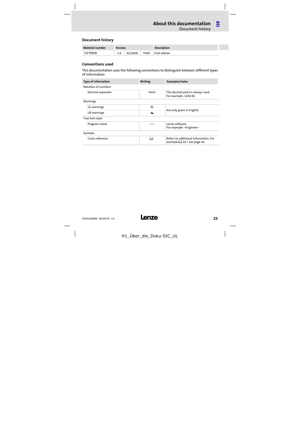 Document history, Conventions used, About this documentation | Lenze E82ZMBRB User Manual | Page 25 / 58