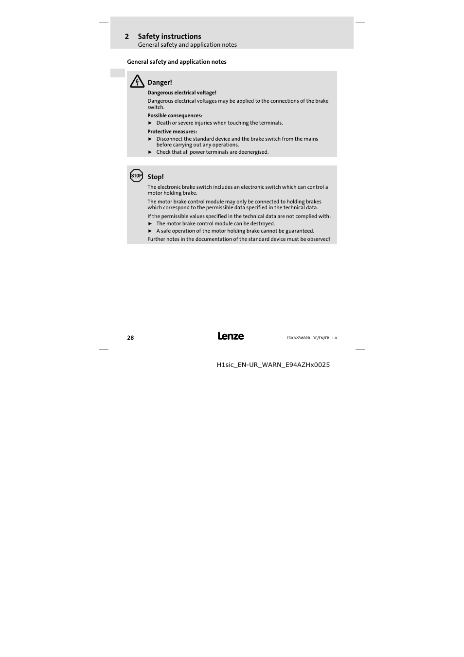 2 safety instructions, General safety and application notes, Safety instructions | 2safety instructions | Lenze E82ZMBRB User Manual | Page 28 / 58