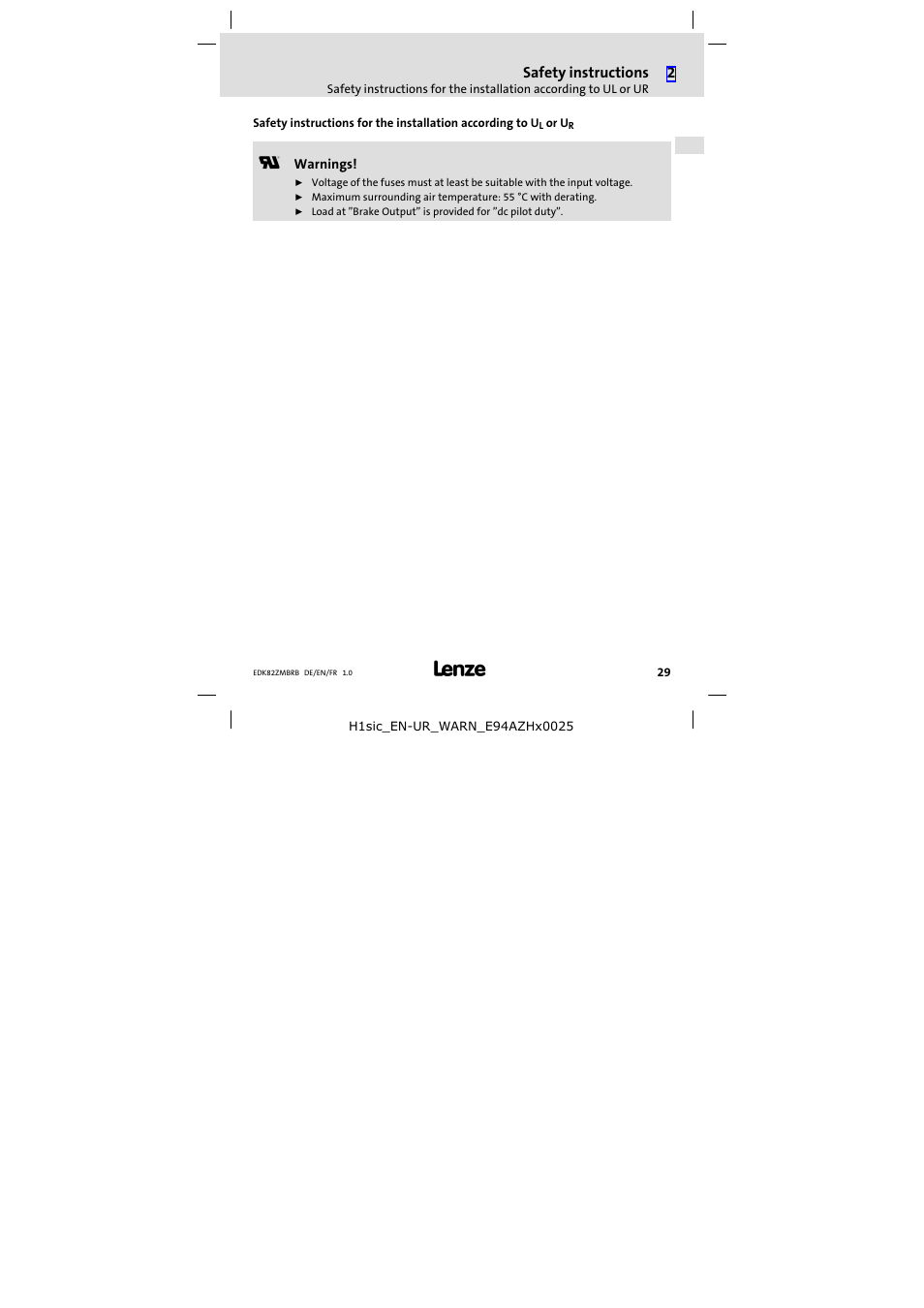 Safety instructions | Lenze E82ZMBRB User Manual | Page 29 / 58