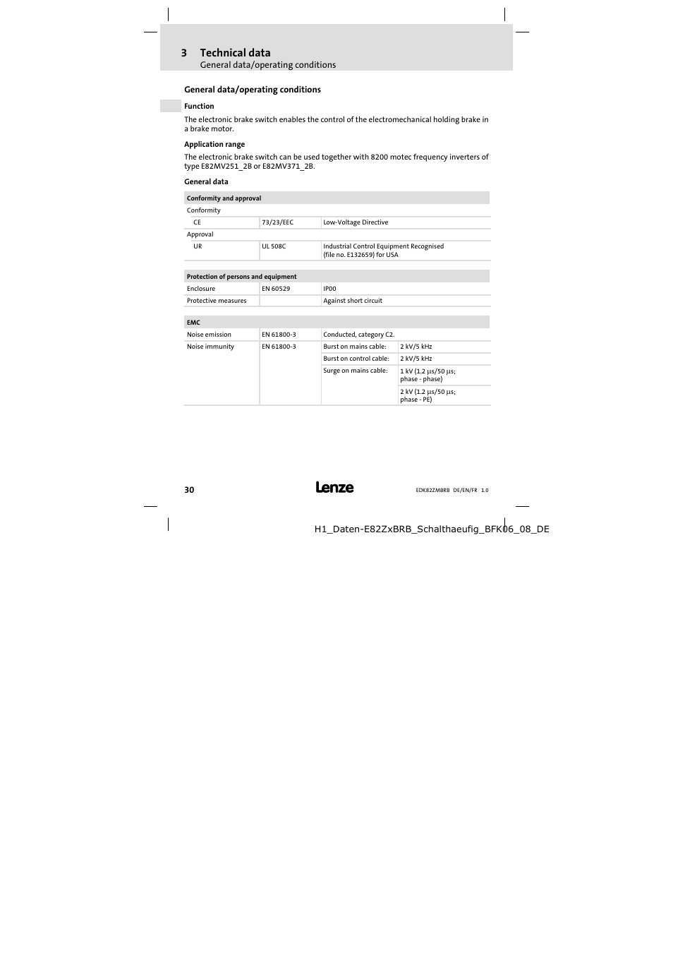 3 technical data, General data/operating conditions, Technical data | 3technical data | Lenze E82ZMBRB User Manual | Page 30 / 58