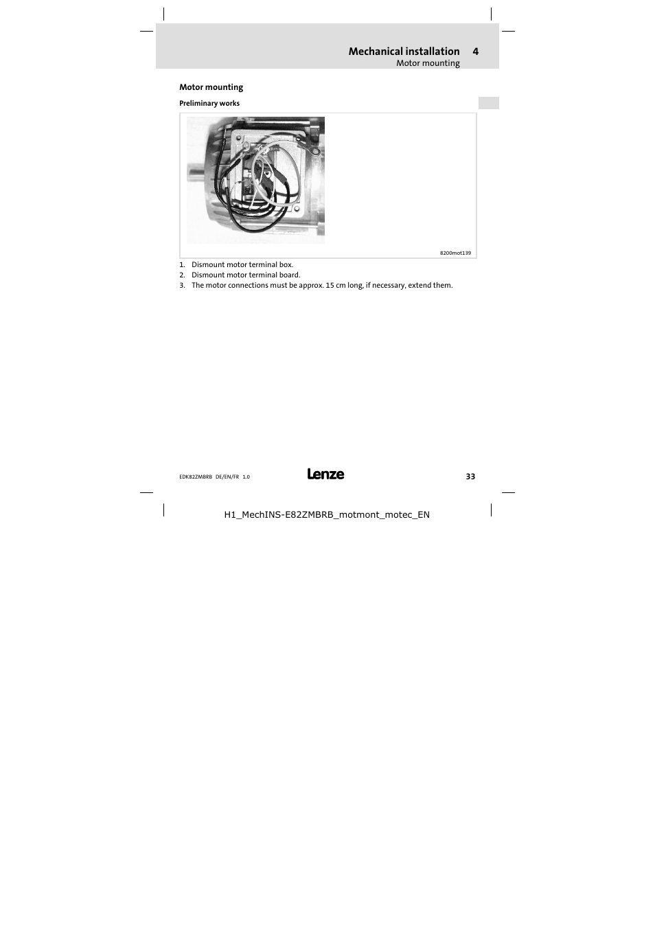 4 mechanical installation, Motor mounting, Preliminary works | Mechanical installation | Lenze E82ZMBRB User Manual | Page 33 / 58
