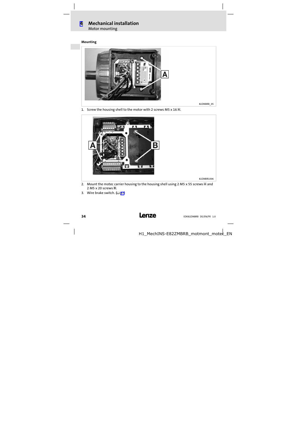 Mounting, 4mechanical installation | Lenze E82ZMBRB User Manual | Page 34 / 58