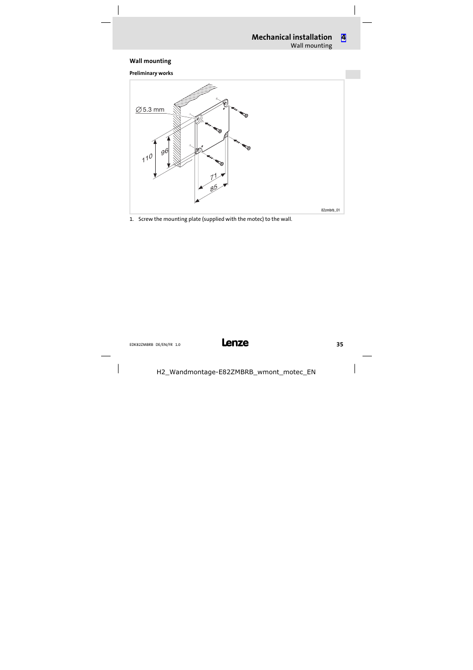 Wall mounting, Preliminary works | Lenze E82ZMBRB User Manual | Page 35 / 58