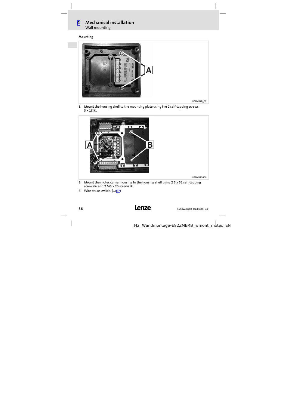 Mounting, 4mechanical installation | Lenze E82ZMBRB User Manual | Page 36 / 58