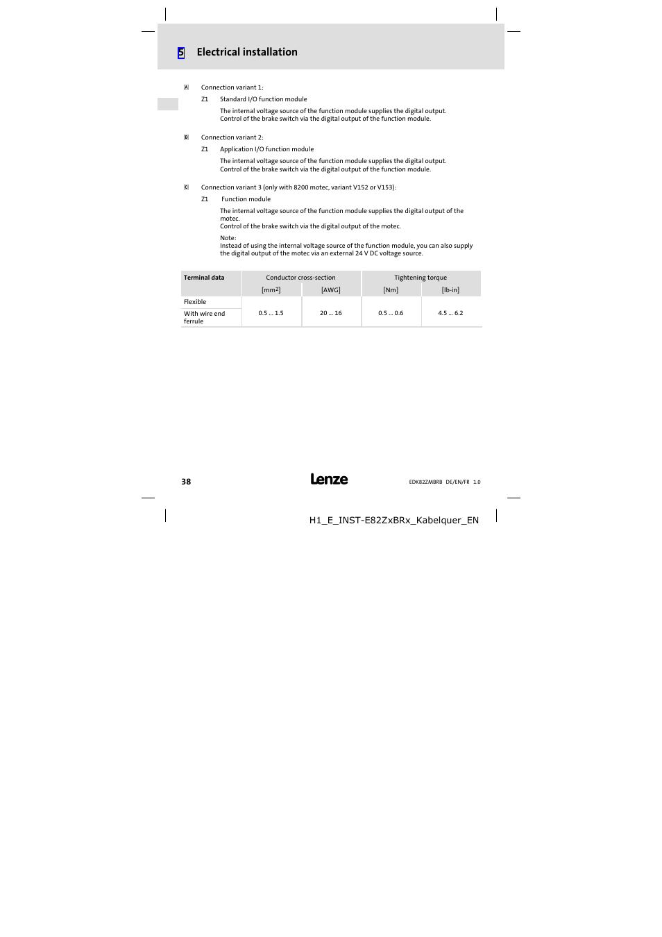 5electrical installation | Lenze E82ZMBRB User Manual | Page 38 / 58