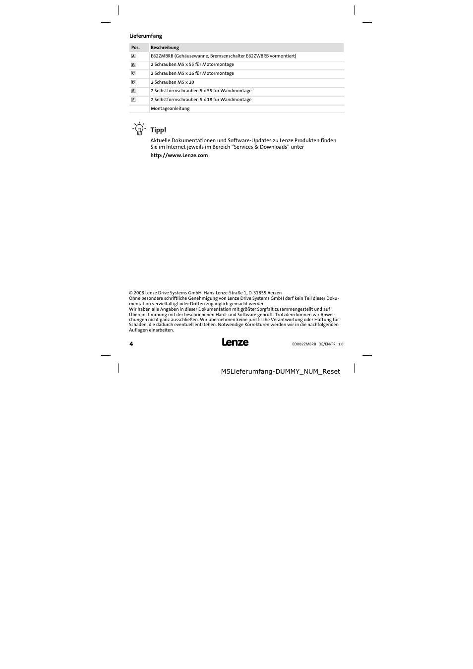Lieferumfang | Lenze E82ZMBRB User Manual | Page 4 / 58