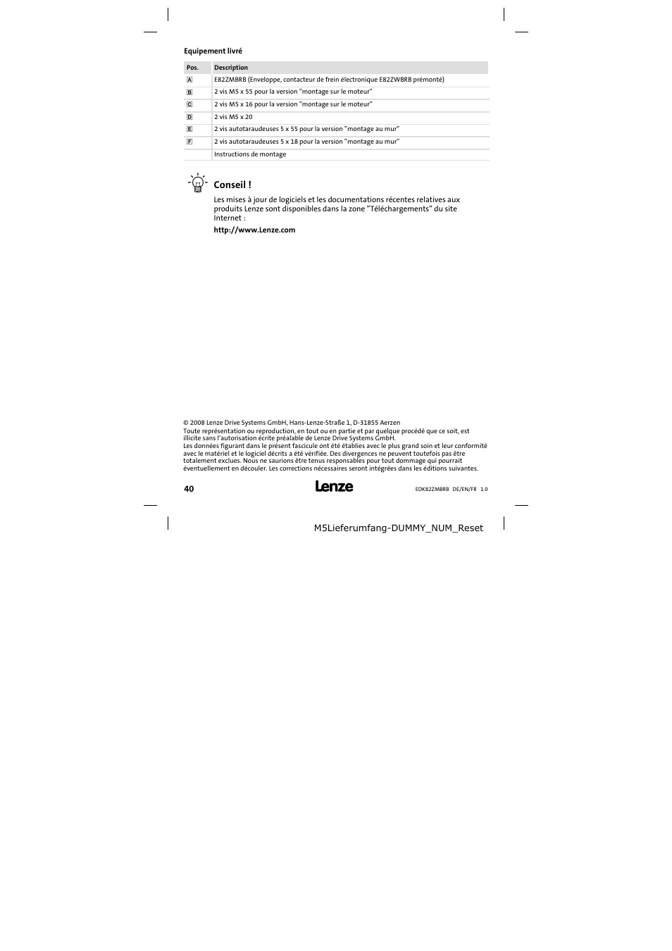 Equipement livré | Lenze E82ZMBRB User Manual | Page 40 / 58
