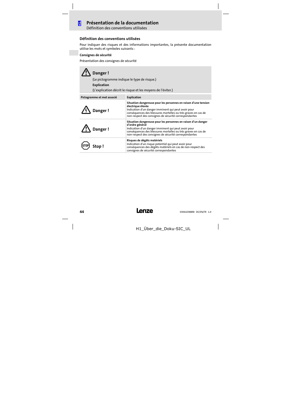 Définition des conventions utilisées | Lenze E82ZMBRB User Manual | Page 44 / 58