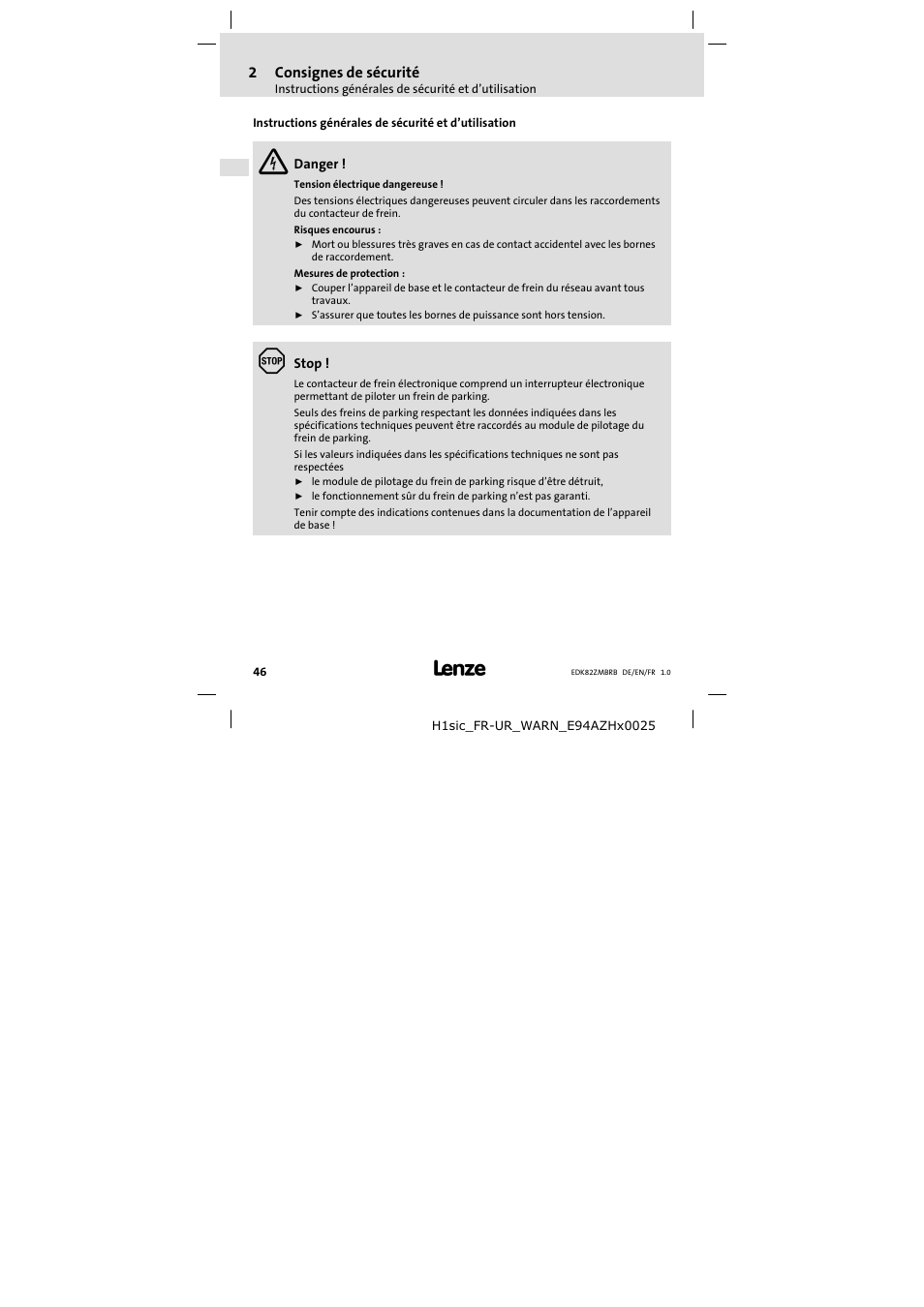 2 consignes de sécurité, Consignes de sécurité, 2consignes de sécurité | Lenze E82ZMBRB User Manual | Page 46 / 58