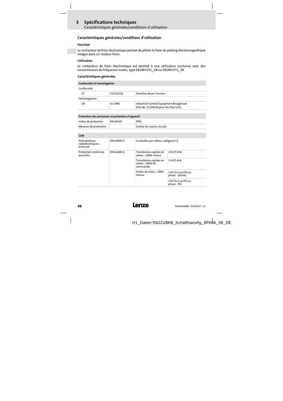 3 spécifications techniques, Spécifications techniques, 3spécifications techniques | Lenze E82ZMBRB User Manual | Page 48 / 58