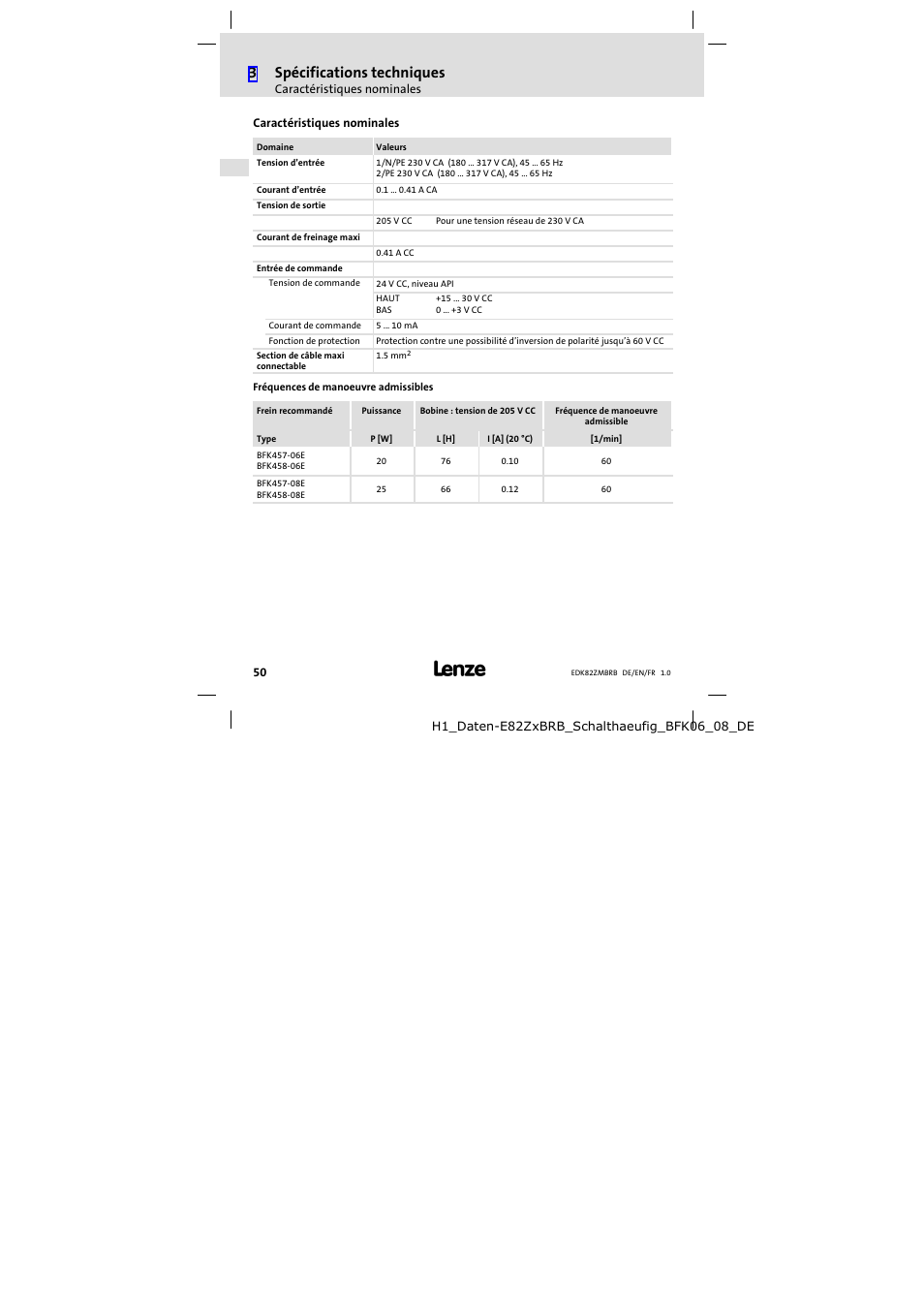 Caractéristiques nominales, 3spécifications techniques | Lenze E82ZMBRB User Manual | Page 50 / 58