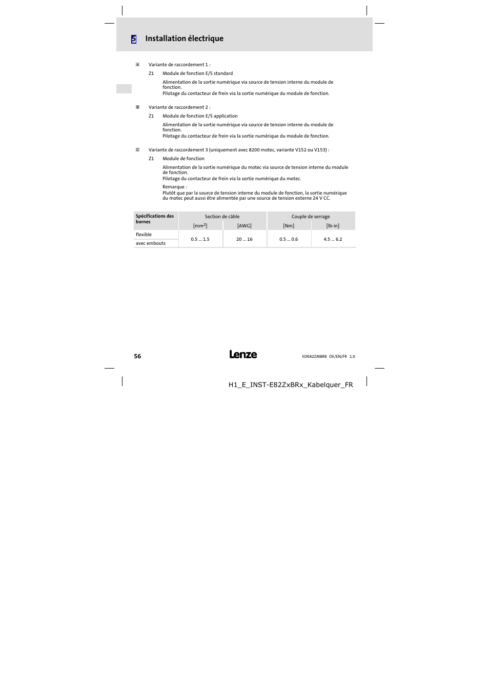 5installation électrique | Lenze E82ZMBRB User Manual | Page 56 / 58