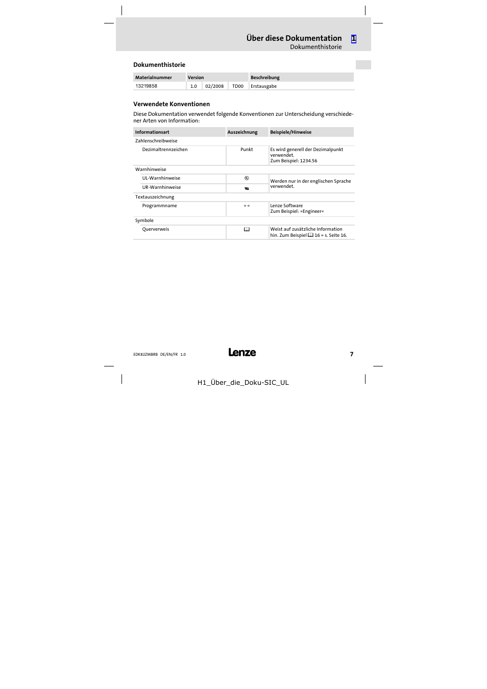 Dokumenthistorie, Verwendete konventionen, Über diese dokumentation | Lenze E82ZMBRB User Manual | Page 7 / 58