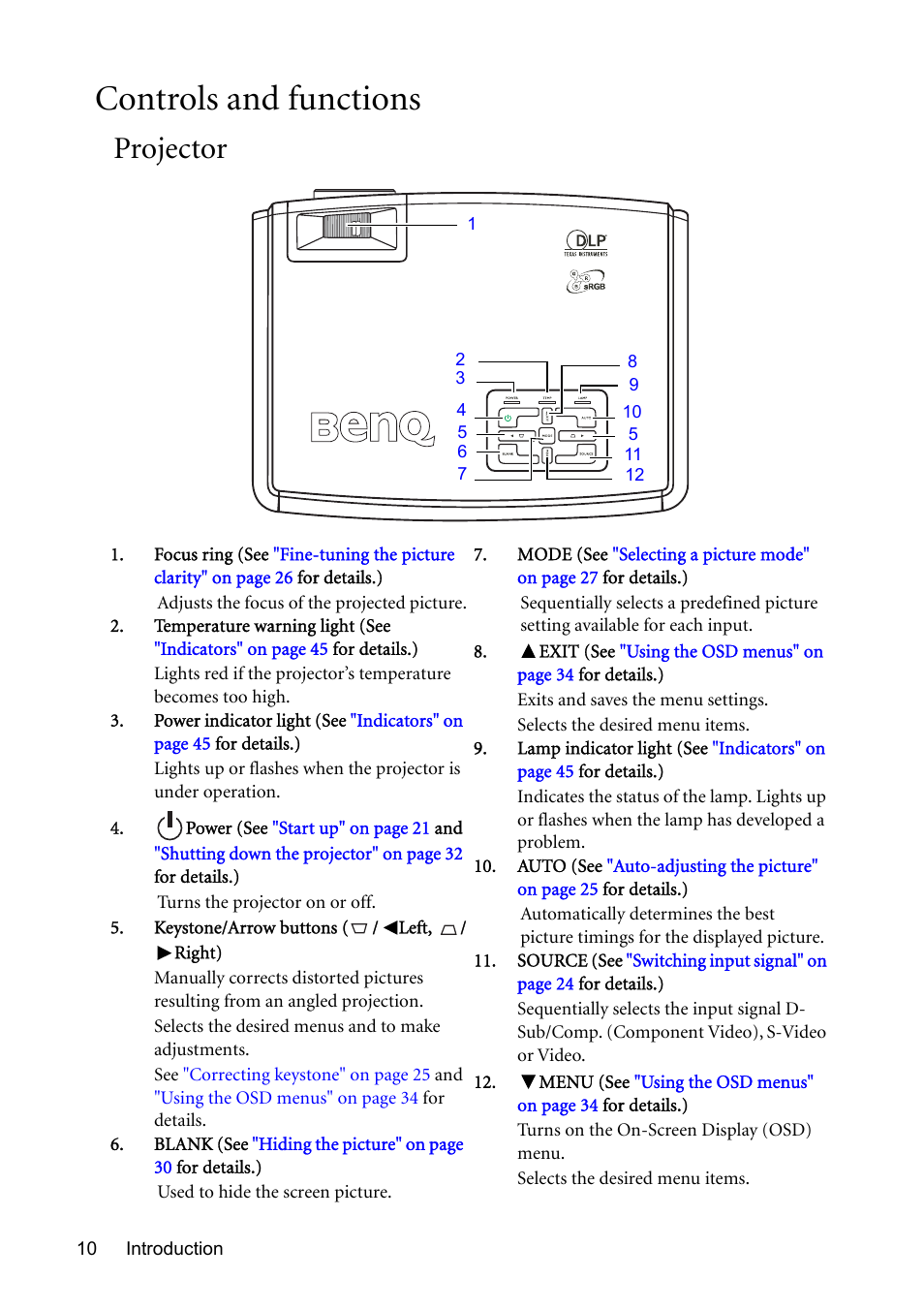 Controls and functions, Projector | BenQ MP510 User Manual | Page 10 / 51