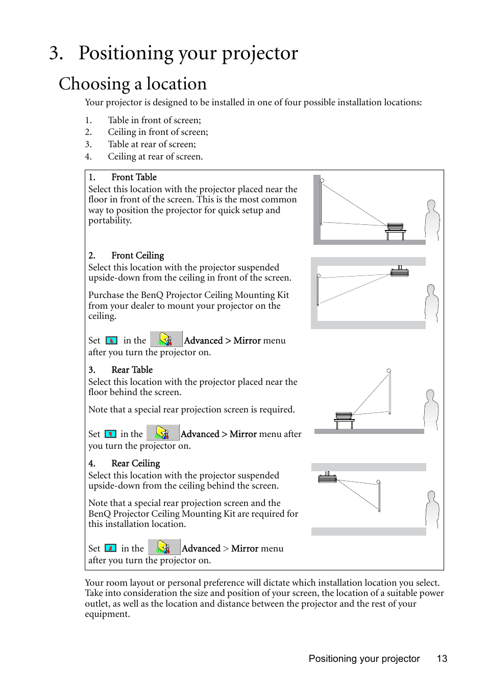 Positioning your projector, Choosing a location | BenQ MP510 User Manual | Page 13 / 51