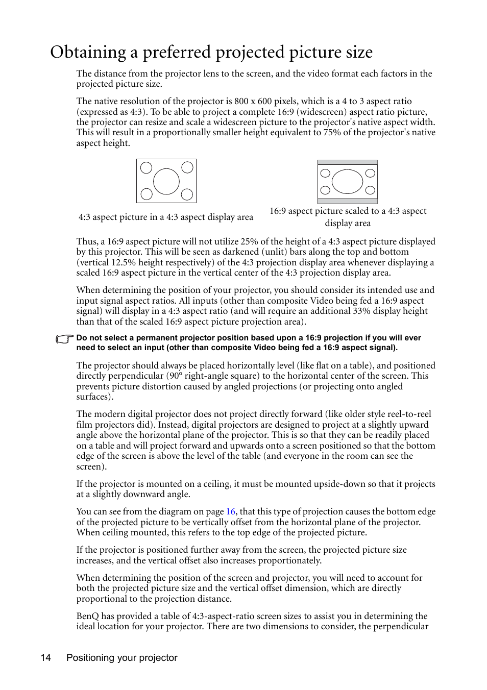 Obtaining a preferred projected picture size | BenQ MP510 User Manual | Page 14 / 51