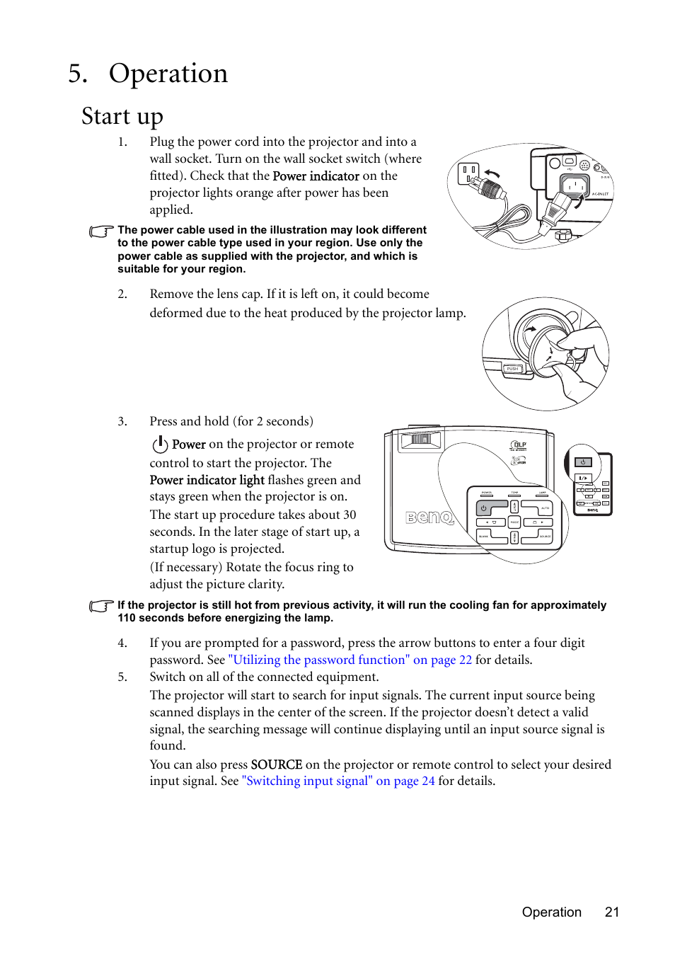 Operation, Start up, R (see | BenQ MP510 User Manual | Page 21 / 51