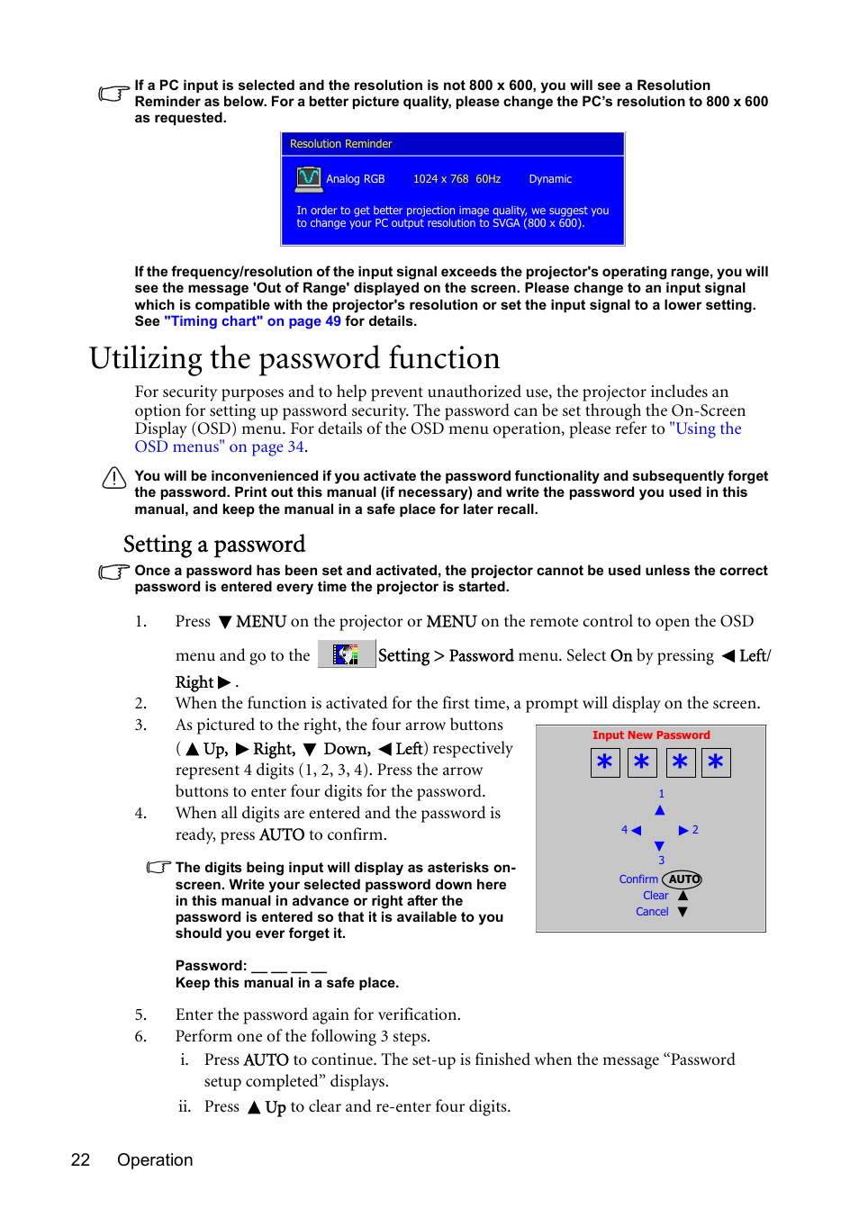 Utilizing the password function, Setting a password | BenQ MP510 User Manual | Page 22 / 51