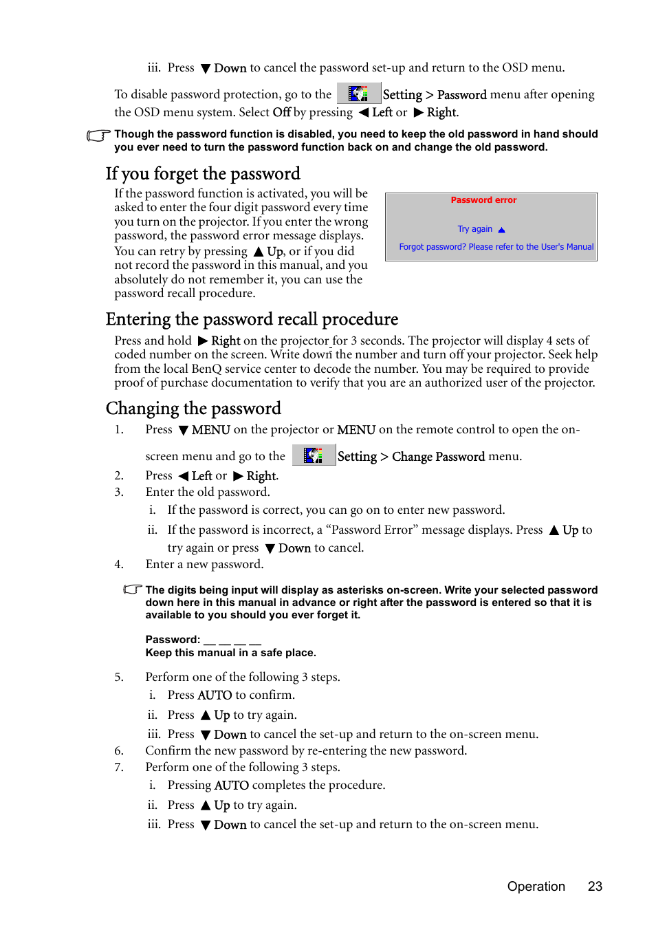 If you forget the password, Entering the password recall procedure, Changing the password | BenQ MP510 User Manual | Page 23 / 51