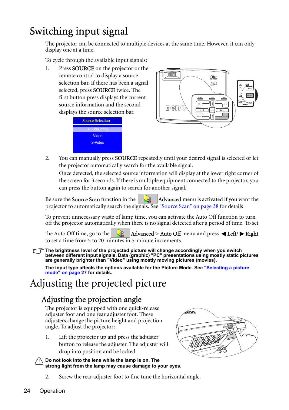 Switching input signal, Adjusting the projected picture, Switching input signal" on | For detail, Adjusting the projection angle | BenQ MP510 User Manual | Page 24 / 51