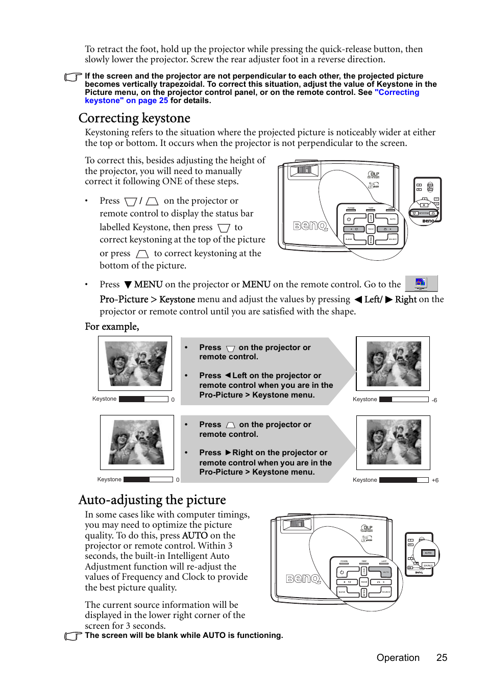 Auto-adjusting the picture, Correcting, Correcting keystone" on | Correcting keystone | BenQ MP510 User Manual | Page 25 / 51