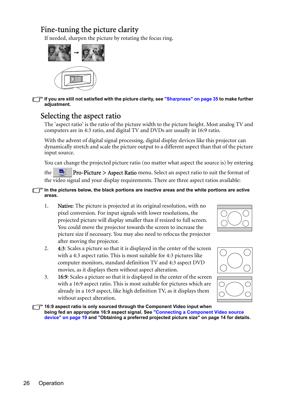 Fine-tuning the picture, Fine-tuning the picture clarity, Selecting the aspect ratio | BenQ MP510 User Manual | Page 26 / 51
