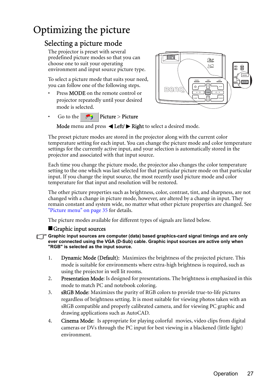 Optimizing the picture, Selecting a picture mode, Selecting a picture | BenQ MP510 User Manual | Page 27 / 51