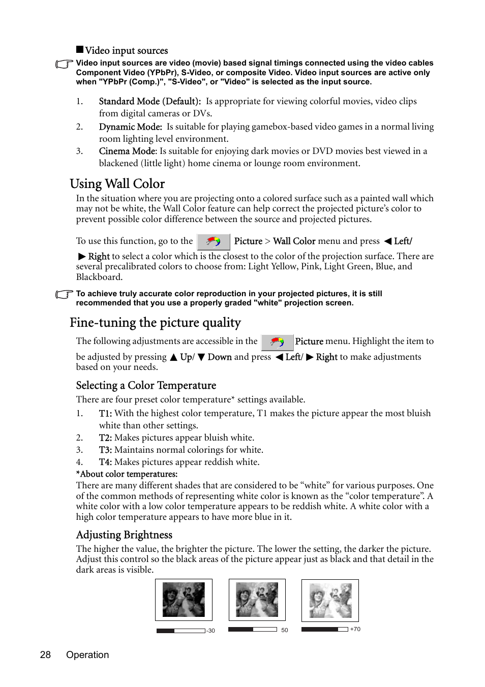 Using wall color, Fine-tuning the picture quality | BenQ MP510 User Manual | Page 28 / 51