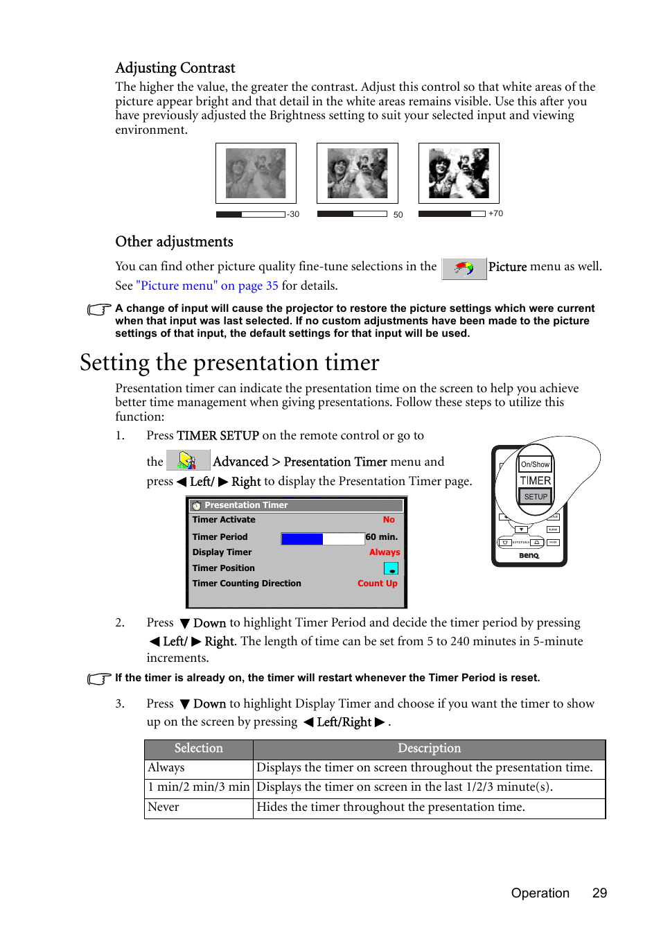 Setting the presentation timer, Setting the, Adjusting contrast | Other adjustments | BenQ MP510 User Manual | Page 29 / 51