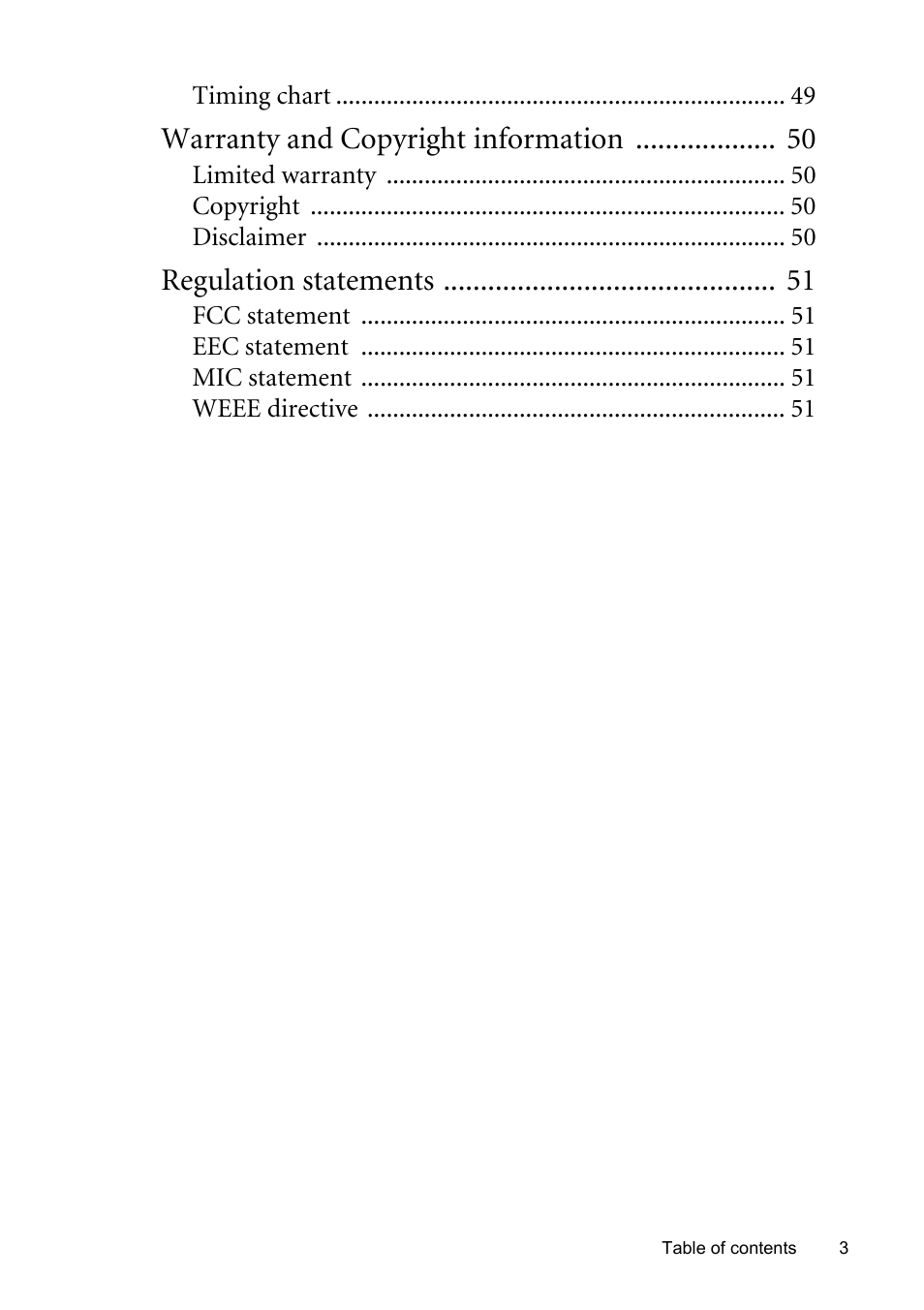 Warranty and copyright information, Regulation statements | BenQ MP510 User Manual | Page 3 / 51