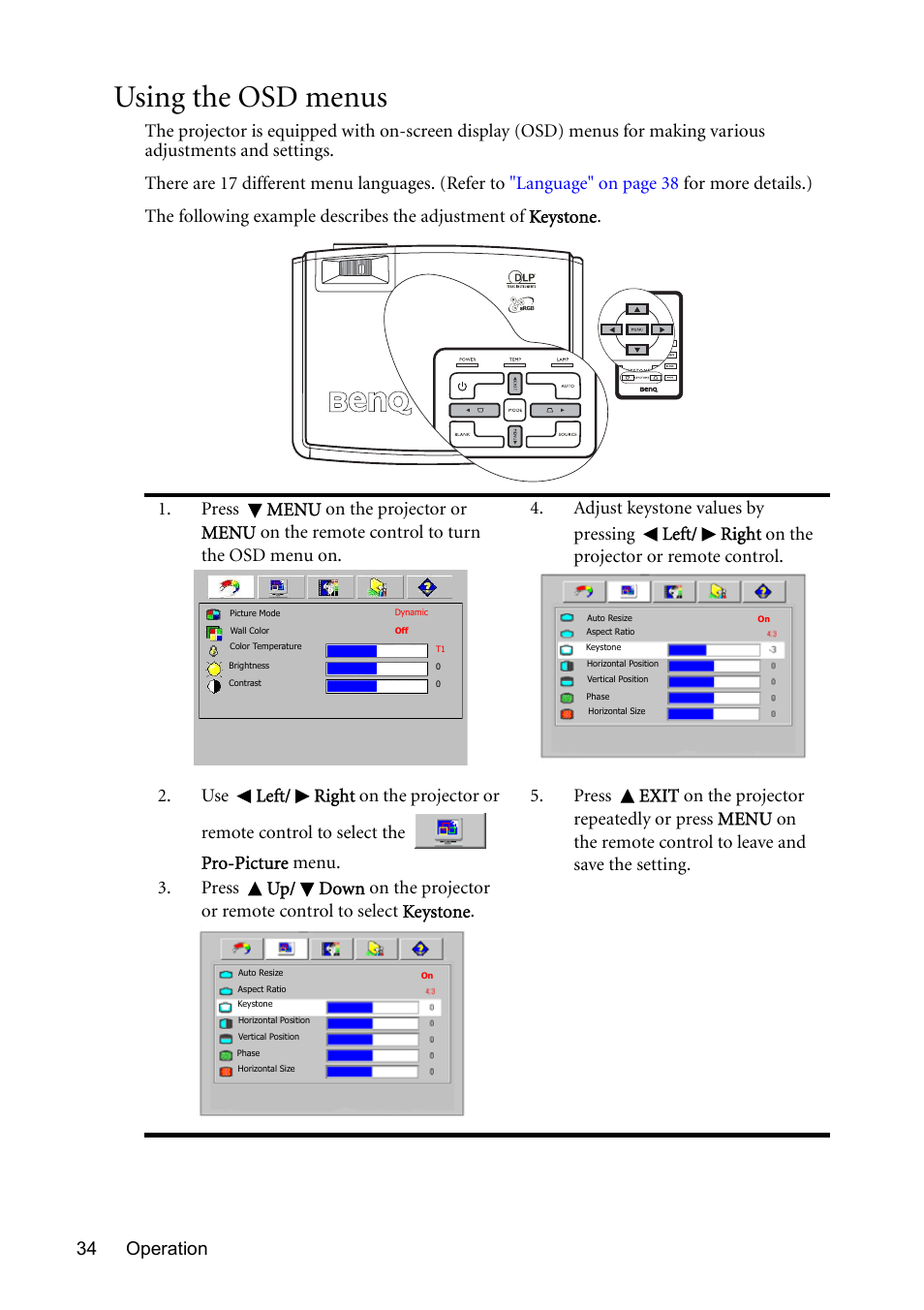 Using the osd menus, Using the osd menus" on, Using the | Operation 34 | BenQ MP510 User Manual | Page 34 / 51