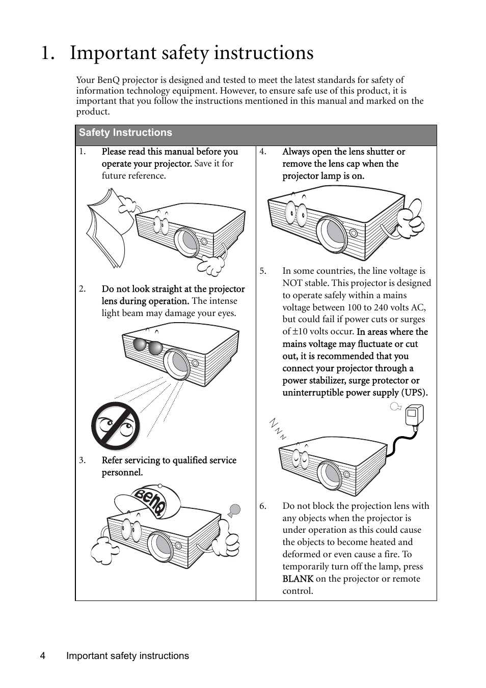 Important safety instructions | BenQ MP510 User Manual | Page 4 / 51