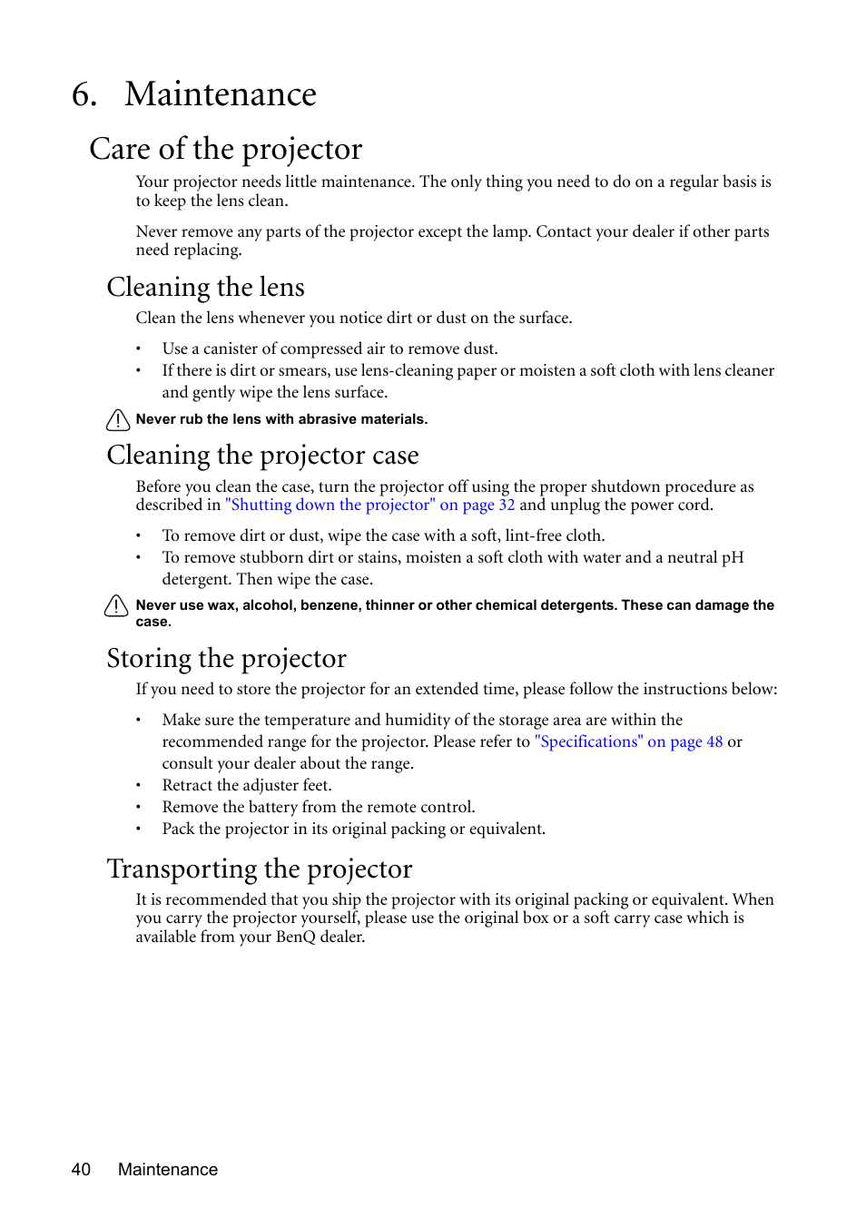 Maintenance, Care of the projector, Cleaning the lens | Cleaning the projector case, Storing the projector, Transporting the projector | BenQ MP510 User Manual | Page 40 / 51