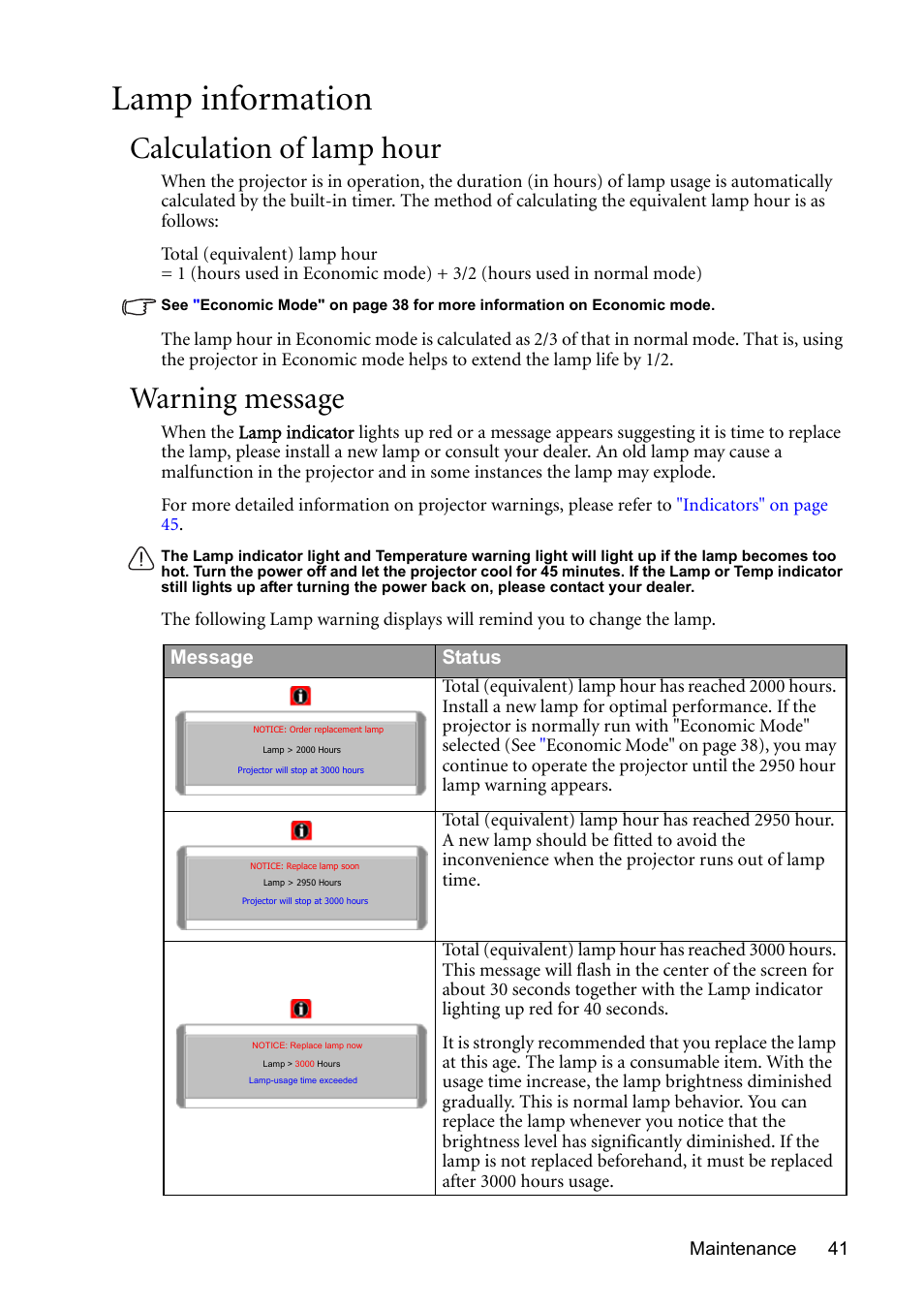 Lamp information, Calculation of lamp hour, Warning message | Message status | BenQ MP510 User Manual | Page 41 / 51