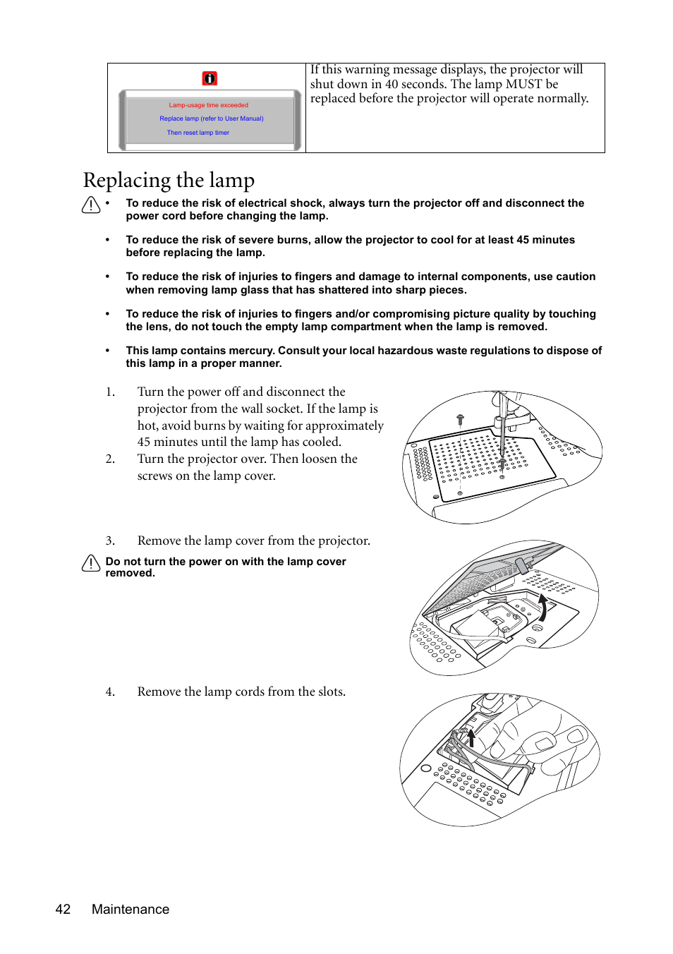Replacing the lamp | BenQ MP510 User Manual | Page 42 / 51