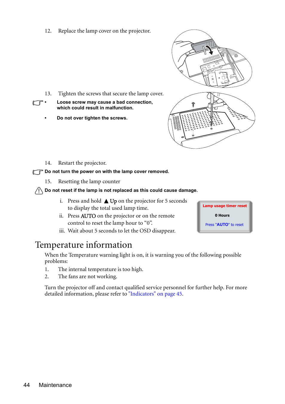 Temperature information | BenQ MP510 User Manual | Page 44 / 51