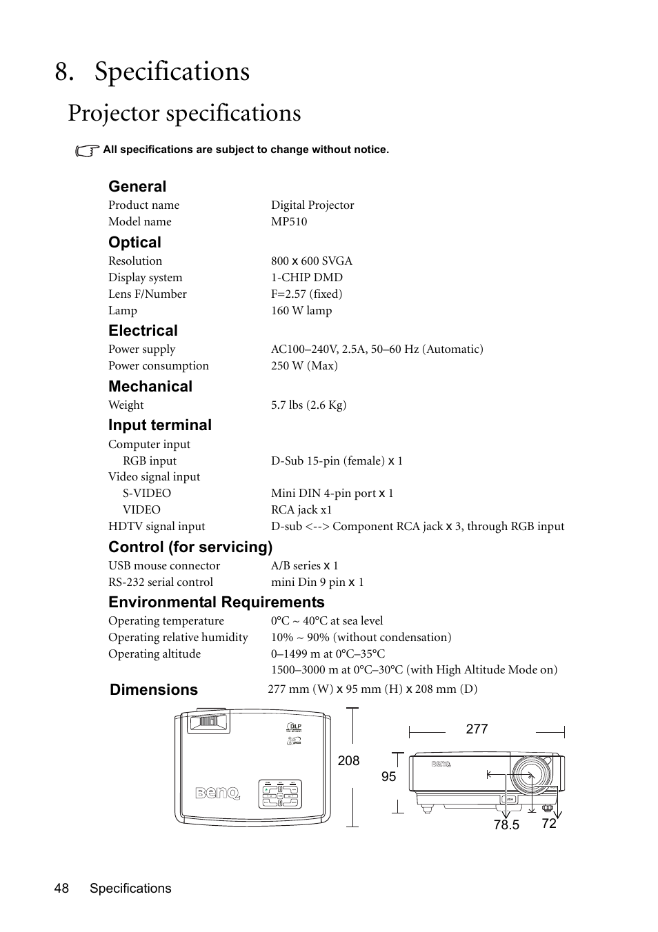 Specifications, Projector specifications | BenQ MP510 User Manual | Page 48 / 51