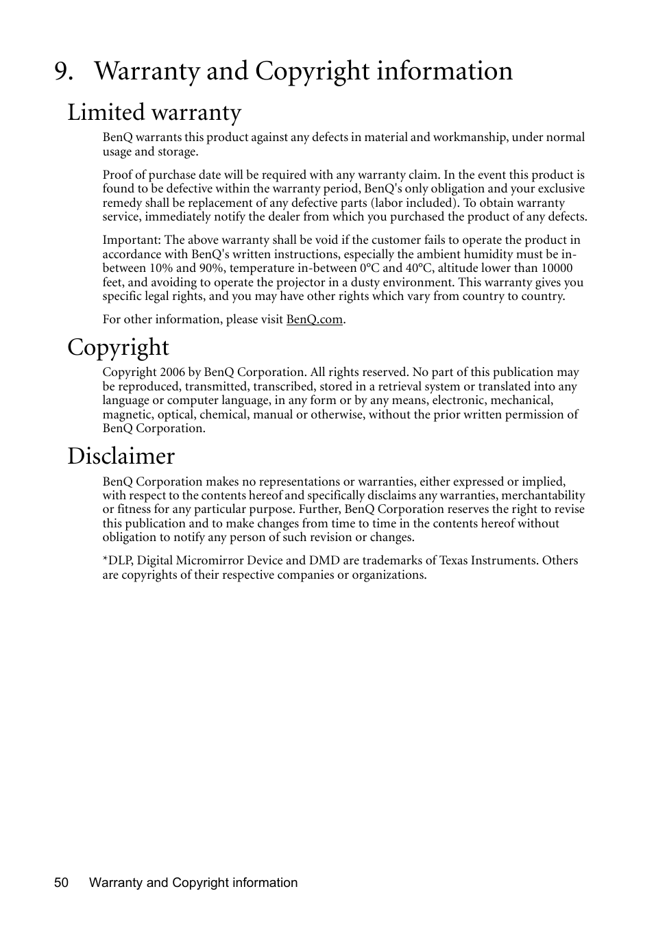 Warranty and copyright information, Limited warranty, Copyright | Disclaimer, Limited warranty copyright disclaimer | BenQ MP510 User Manual | Page 50 / 51