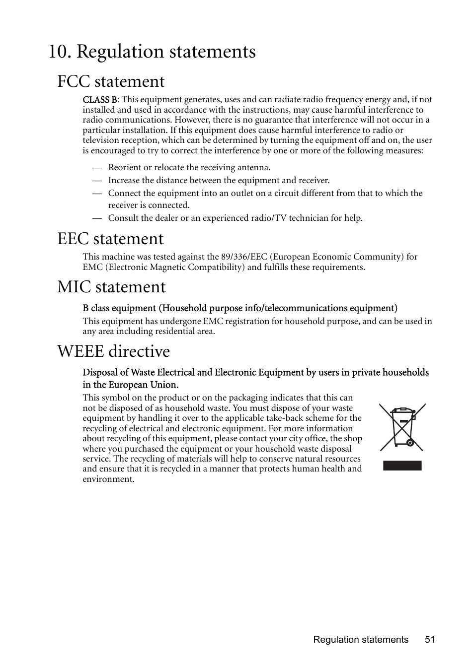 Regulation statements, Fcc statement, Eec statement | Mic statement, Weee directive | BenQ MP510 User Manual | Page 51 / 51