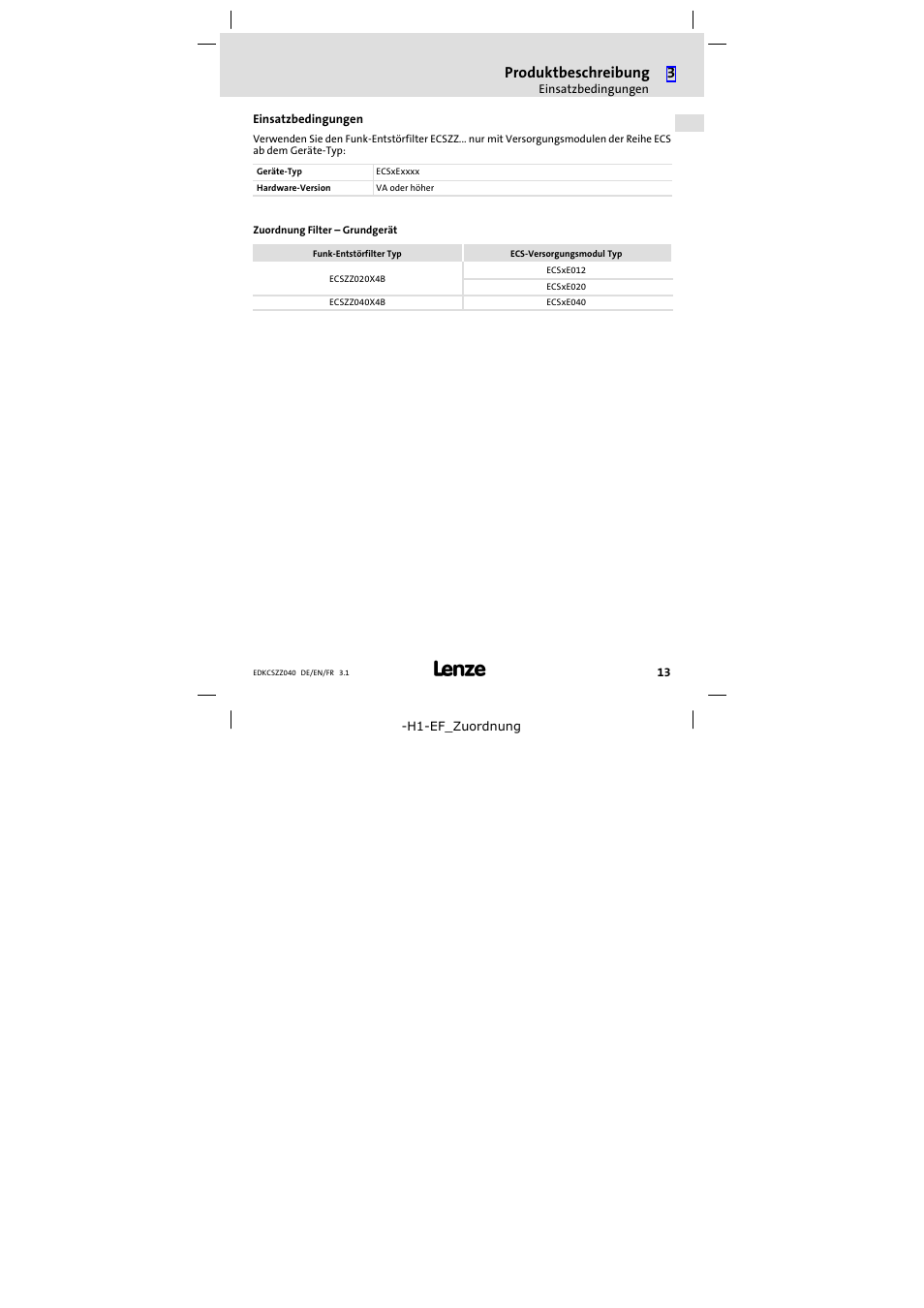 Einsatzbedingungen, Produktbeschreibung | Lenze ECSZZxxxxxx User Manual | Page 13 / 68