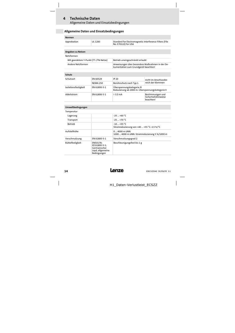 4 technische daten, Allgemeine daten und einsatzbedingungen, Technische daten | 4technische daten | Lenze ECSZZxxxxxx User Manual | Page 14 / 68