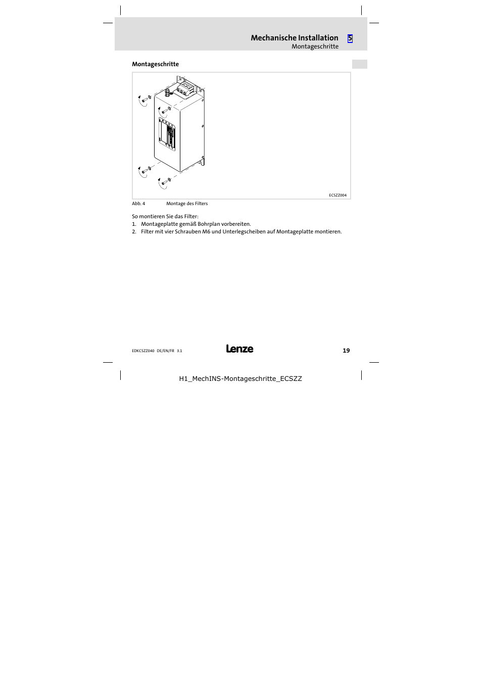 Montageschritte | Lenze ECSZZxxxxxx User Manual | Page 19 / 68