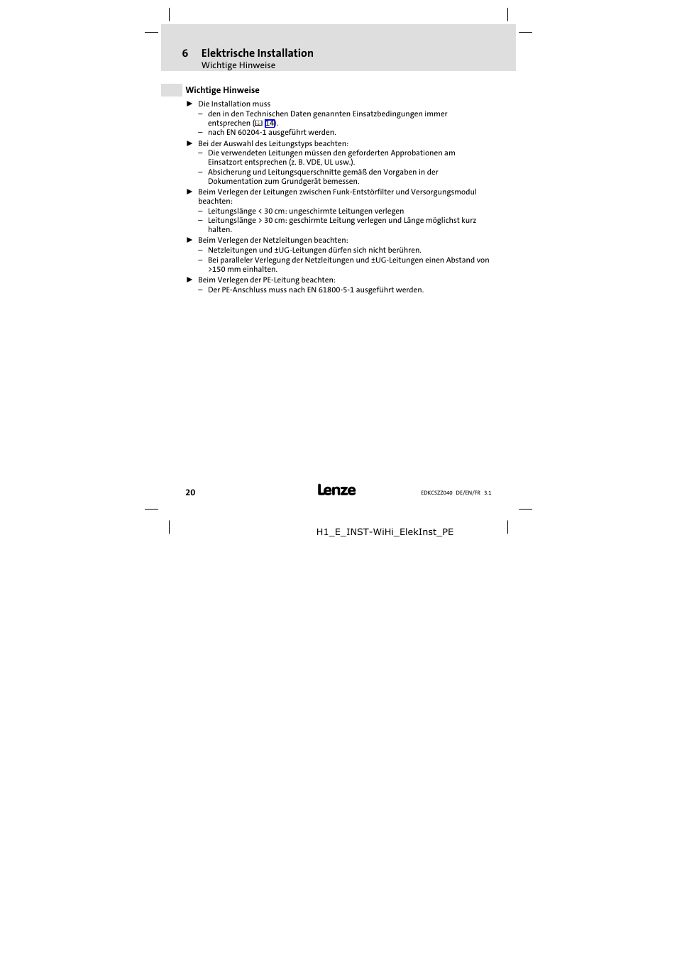 6 elektrische installation, Wichtige hinweise, Elektrische installation | 6elektrische installation | Lenze ECSZZxxxxxx User Manual | Page 20 / 68