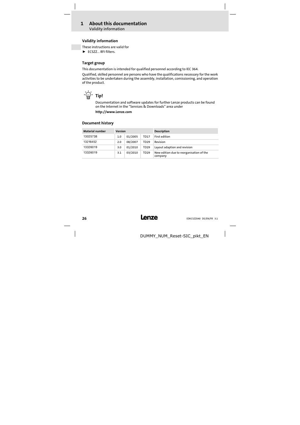 1 about this documentation, Validity information, Target group | Document history, About this documentation, 1about this documentation | Lenze ECSZZxxxxxx User Manual | Page 26 / 68