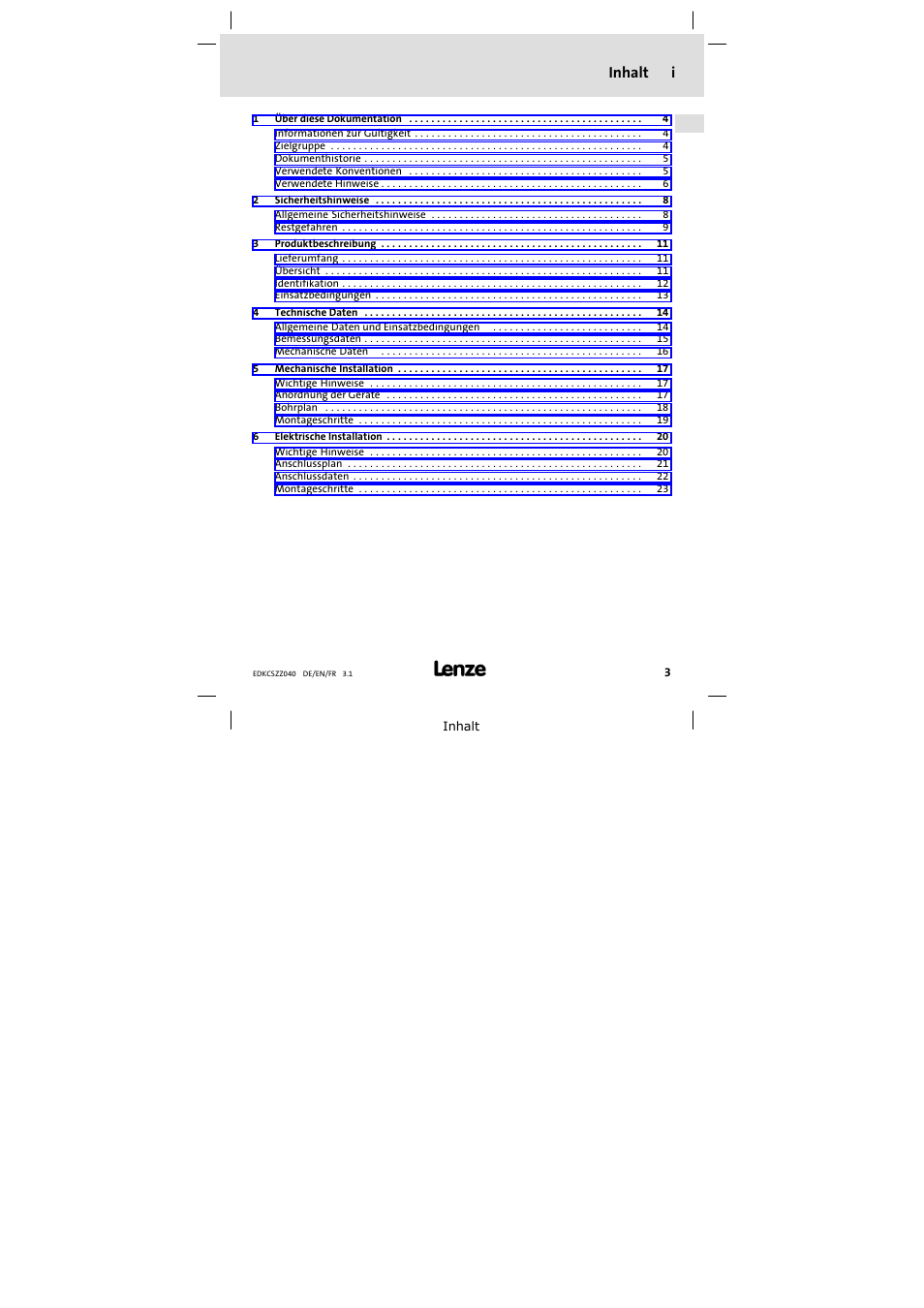 Inhalt i | Lenze ECSZZxxxxxx User Manual | Page 3 / 68